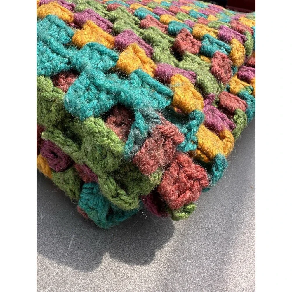 Crocheted Granny Square Multicolor Sofa Throw Afghan 57x57 Vintage Cottagecore
